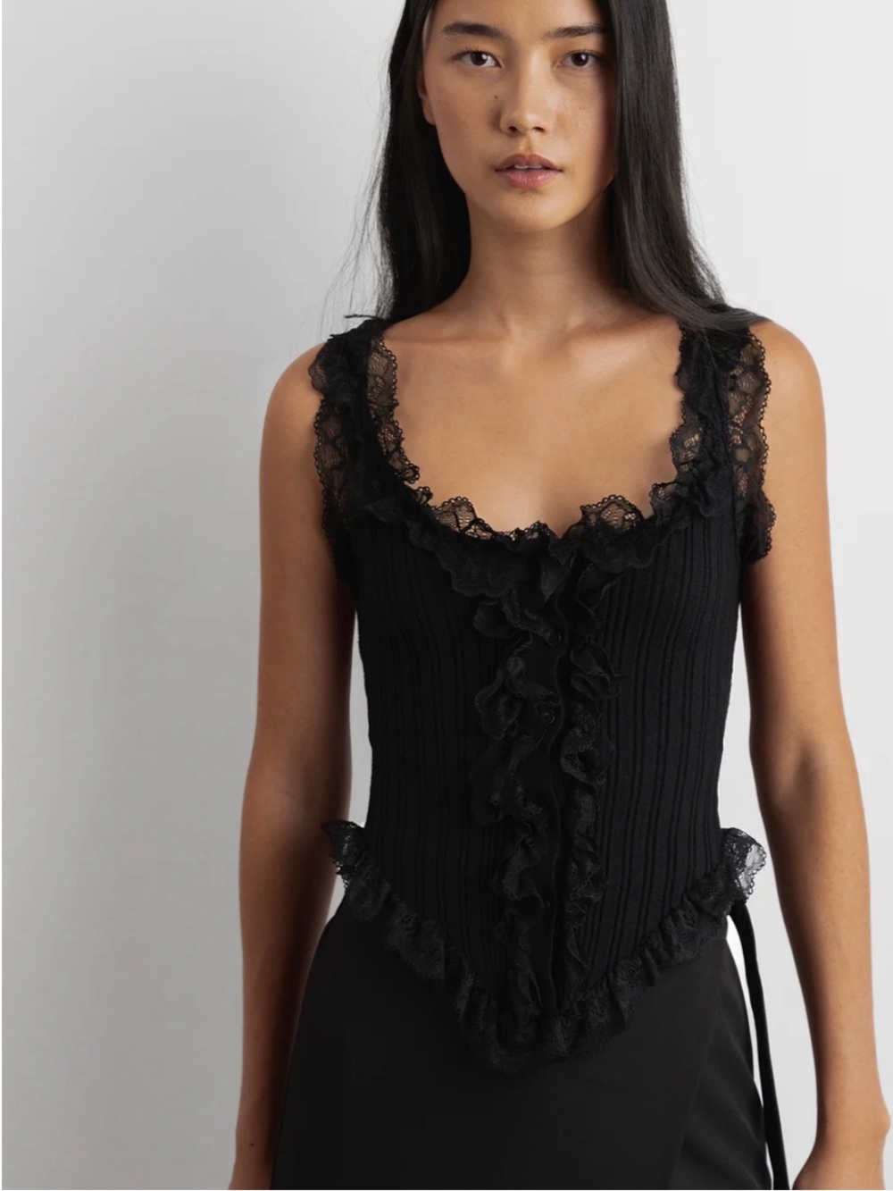 OAK + FORT Black Lace-Trim Ribbed Tank Size M